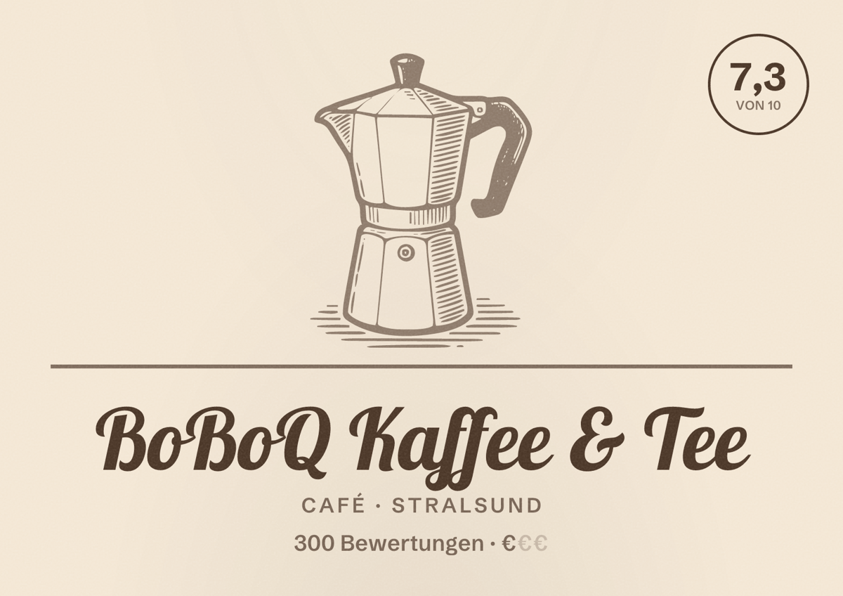 Illustriertes Poster von BoBoQ Kaffee & Tee, Café in Stralsund: Bewertung 7,3 von 10 aus 300 Bewertungen, Preisniveau €