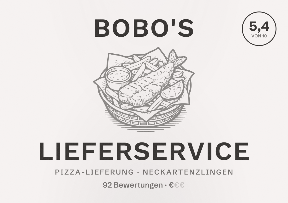 Illustriertes Poster von Bobo's Lieferservice, Pizza-Lieferung in Neckartenzlingen: Bewertung 5,4 von 10 aus 92 Bewertungen, Preisniveau €