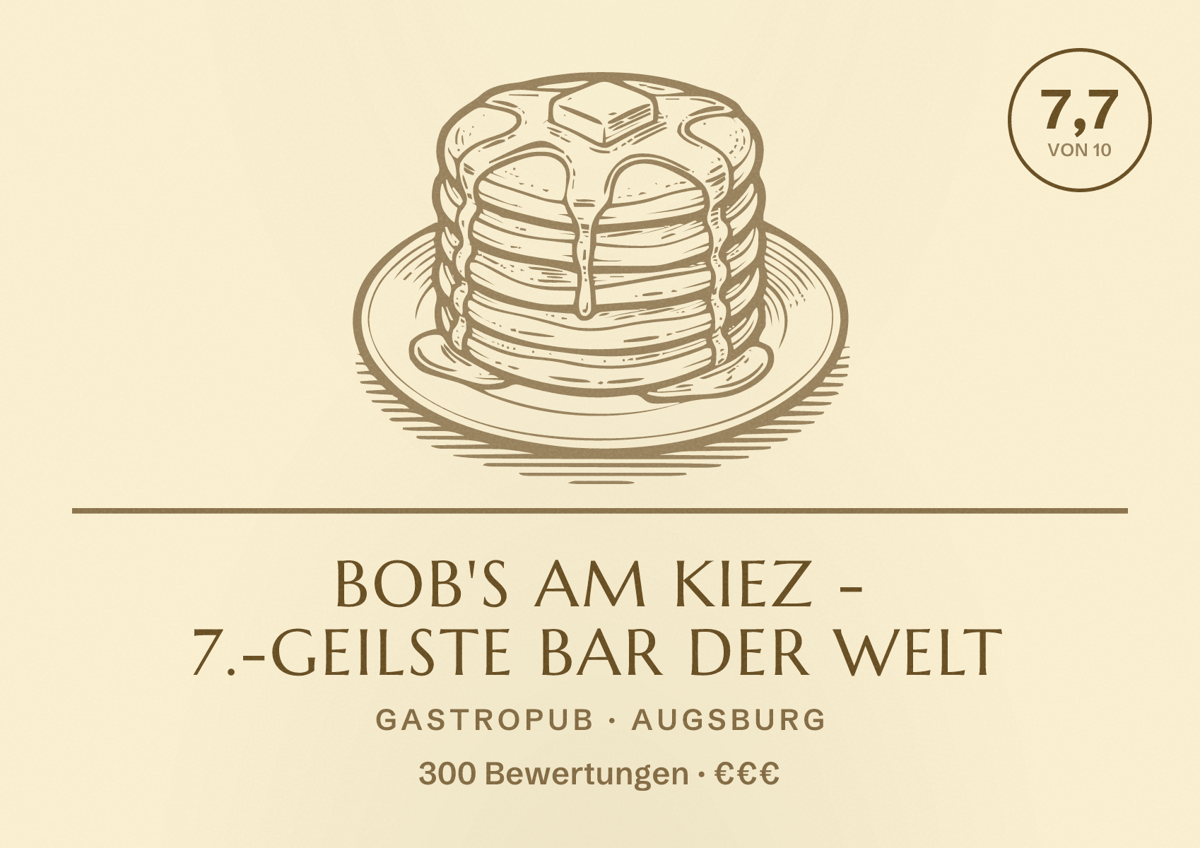 Illustriertes Poster von BOB'S am Kiez - 7.-geilste Bar der Welt, Gastropub in Augsburg: Bewertung 7,7 von 10 aus 300 Bewertungen, Preisniveau €€€
