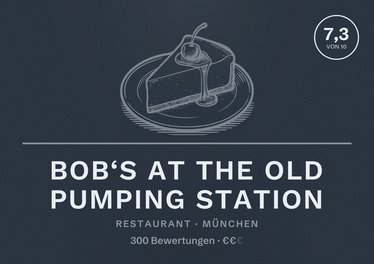 Illustriertes Poster von BOB‘s at the old pumping station, Restaurant in München: Bewertung 7,3 von 10 aus 300 Bewertungen, Preisniveau €€