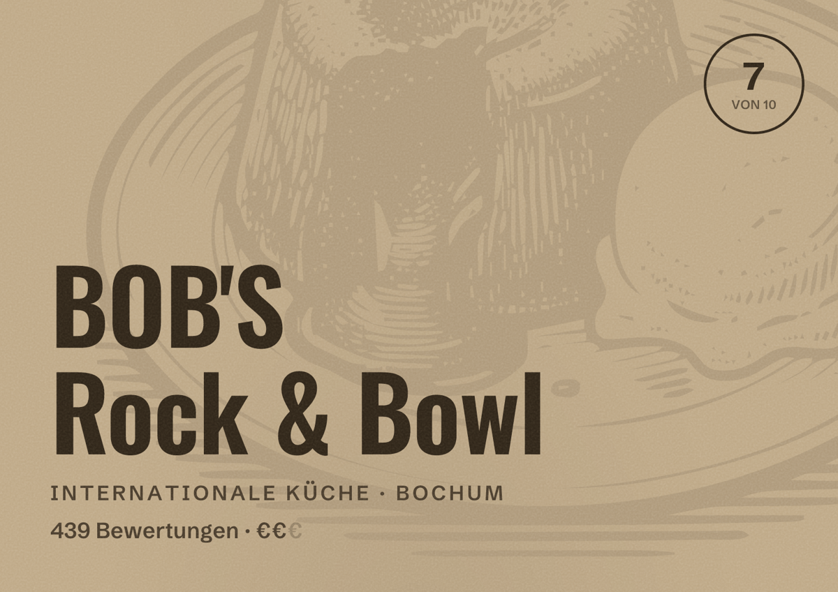 Illustriertes Poster von BOB'S Rock & Bowl, Internationale Küche in Bochum: Bewertung 7 von 10 aus 439 Bewertungen, Preisniveau €€