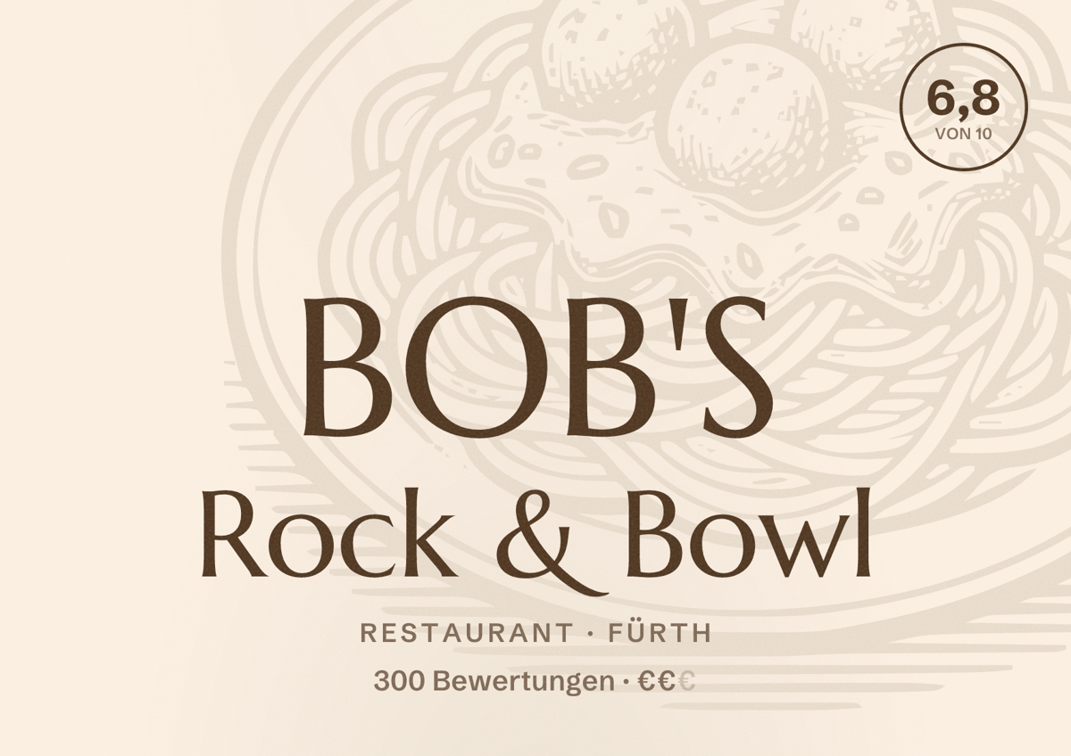 Illustriertes Poster von BOB'S Rock & Bowl, Restaurant in Fürth: Bewertung 6,8 von 10 aus 300 Bewertungen, Preisniveau €€