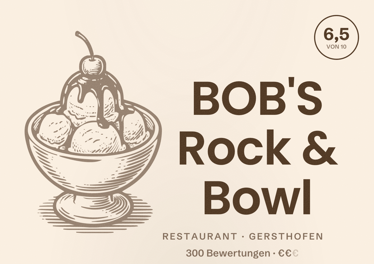 Illustriertes Poster von BOB'S Rock & Bowl, Restaurant in Gersthofen: Bewertung 6,5 von 10 aus 300 Bewertungen, Preisniveau €€