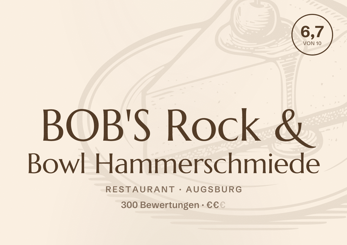 Illustriertes Poster von BOB'S Rock & Bowl Hammerschmiede, Restaurant in Augsburg: Bewertung 6,7 von 10 aus 300 Bewertungen, Preisniveau €€