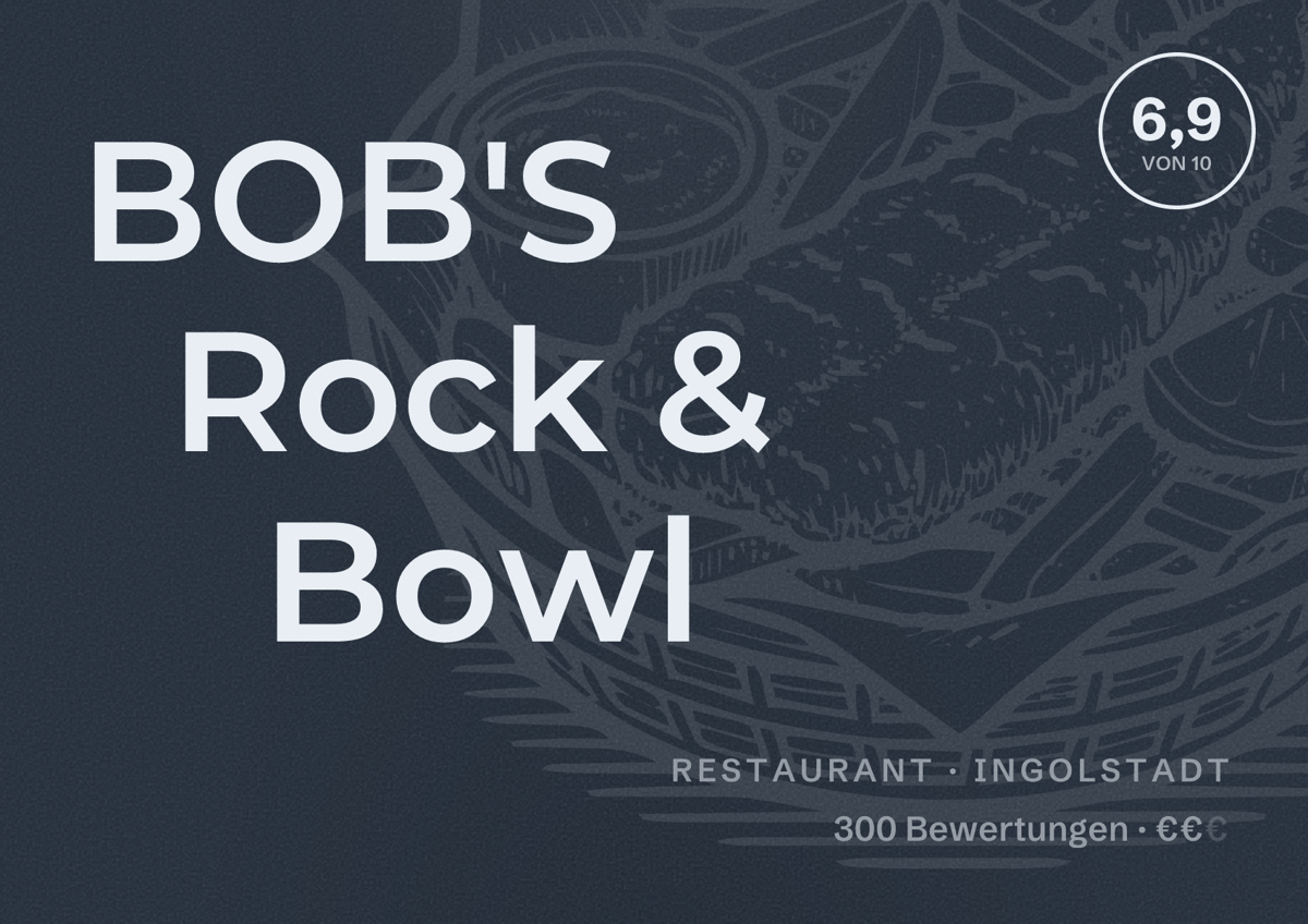 Illustriertes Poster von BOB'S Rock & Bowl, Restaurant in Ingolstadt: Bewertung 6,9 von 10 aus 300 Bewertungen, Preisniveau €€