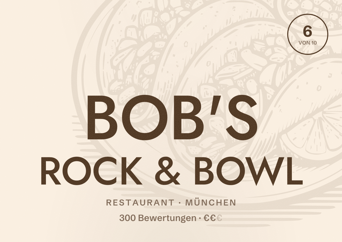 Illustriertes Poster von BOB'S ROCK & BOWL, Restaurant in München: Bewertung 6,0 von 10 aus 300 Bewertungen, Preisniveau €€