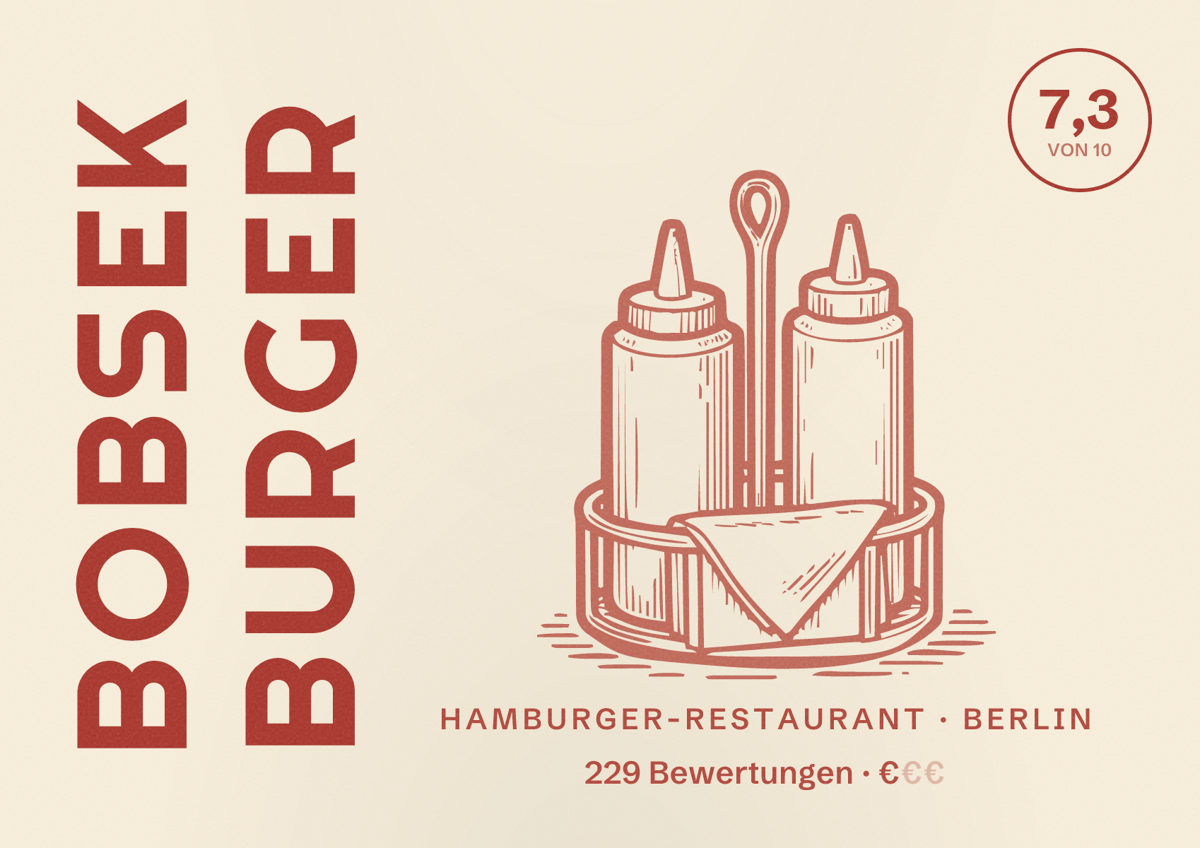 Illustriertes Poster von Bobsek Burger, Hamburger-Restaurant in Berlin: Bewertung 7,3 von 10 aus 229 Bewertungen, Preisniveau €