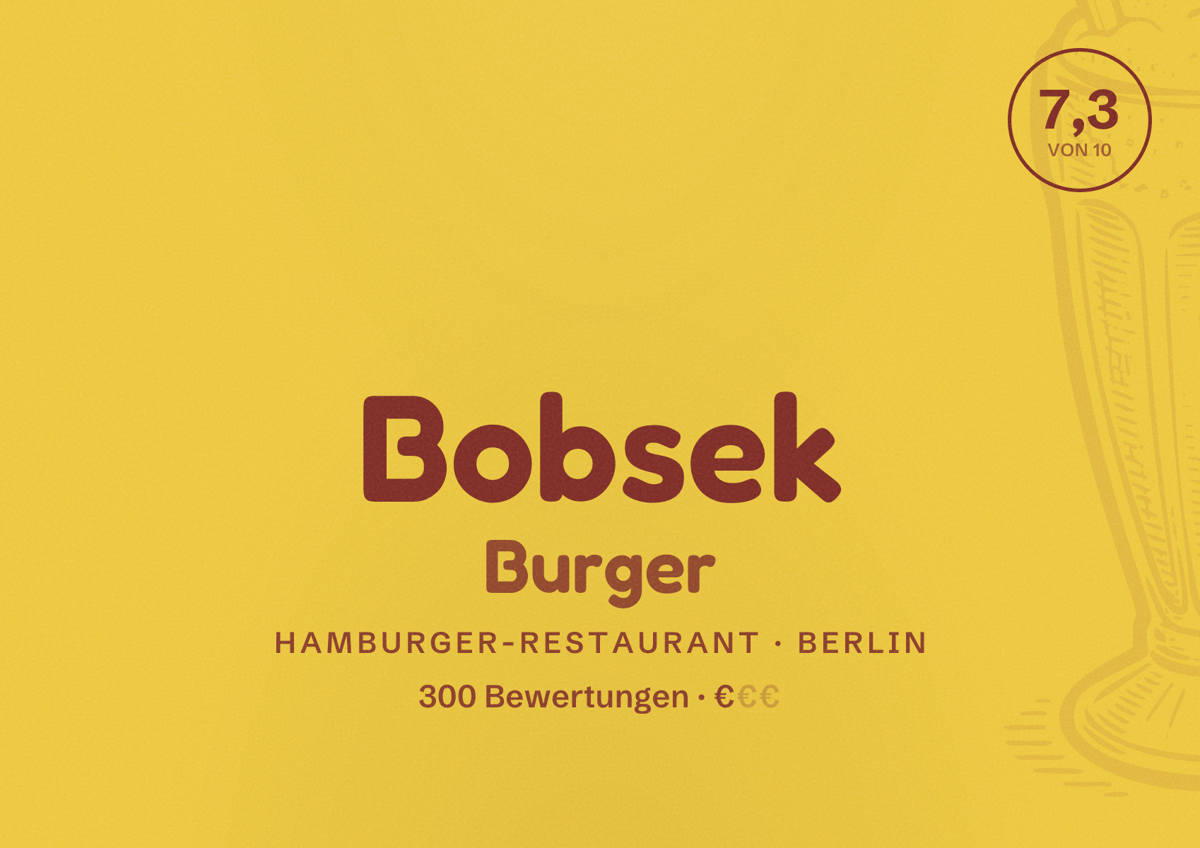 Illustriertes Poster von Bobsek Burger, Hamburger-Restaurant in Berlin: Bewertung 7,3 von 10 aus 300 Bewertungen, Preisniveau €