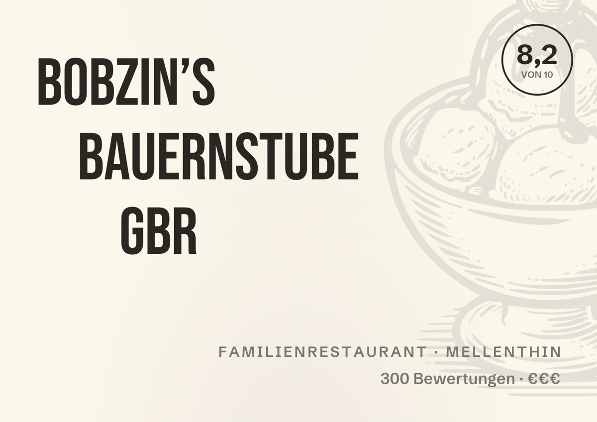 Illustriertes Poster von Bobzin’s Bauernstube GbR, Familienrestaurant in Mellenthin: Bewertung 8,2 von 10 aus 300 Bewertungen, Preisniveau €€€