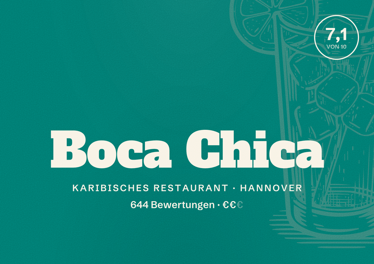 Illustriertes Poster von Boca Chica, Karibisches Restaurant in Hannover: Bewertung 7,1 von 10 aus 644 Bewertungen, Preisniveau €€
