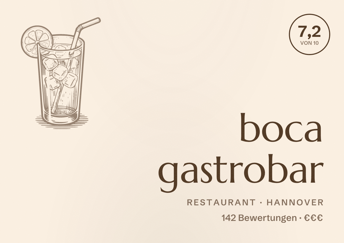 Illustriertes Poster von boca gastrobar, Restaurant in Hannover: Bewertung 7,2 von 10 aus 142 Bewertungen, Preisniveau €€€