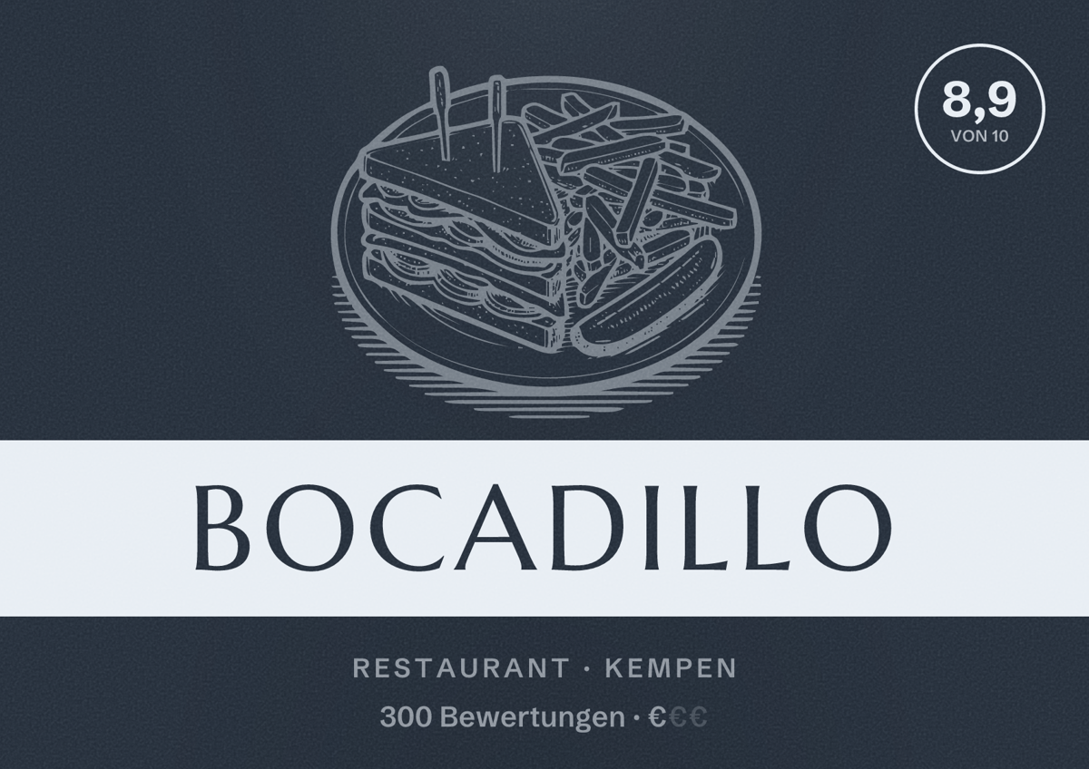 Illustriertes Poster von Bocadillo, Restaurant in Kempen: Bewertung 8,9 von 10 aus 300 Bewertungen, Preisniveau €