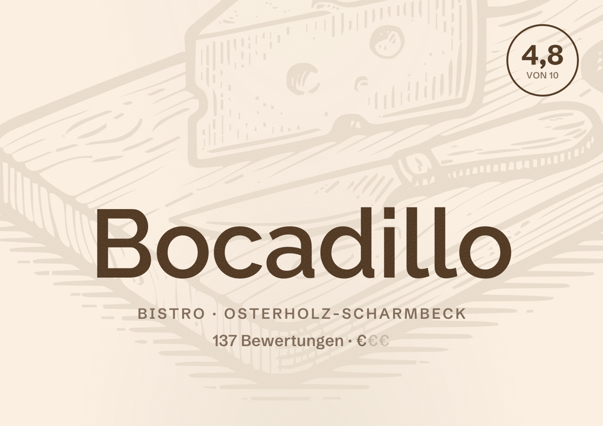 Illustriertes Poster von Bocadillo, Bistro in Osterholz-Scharmbeck: Bewertung 4,8 von 10 aus 137 Bewertungen, Preisniveau €