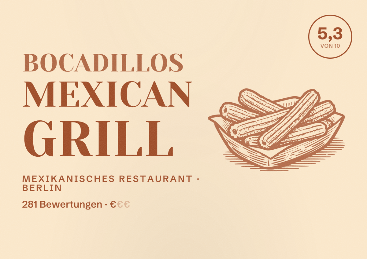Illustriertes Poster von Bocadillos Mexican Grill, Mexikanisches Restaurant in Berlin: Bewertung 5,3 von 10 aus 281 Bewertungen, Preisniveau €