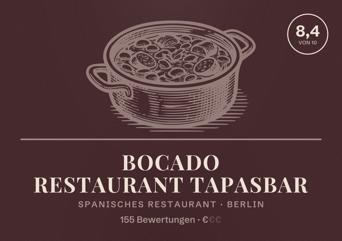 Illustriertes Poster von Bocado Restaurant Tapasbar, Spanisches Restaurant in Berlin: Bewertung 8,4 von 10 aus 155 Bewertungen, Preisniveau €