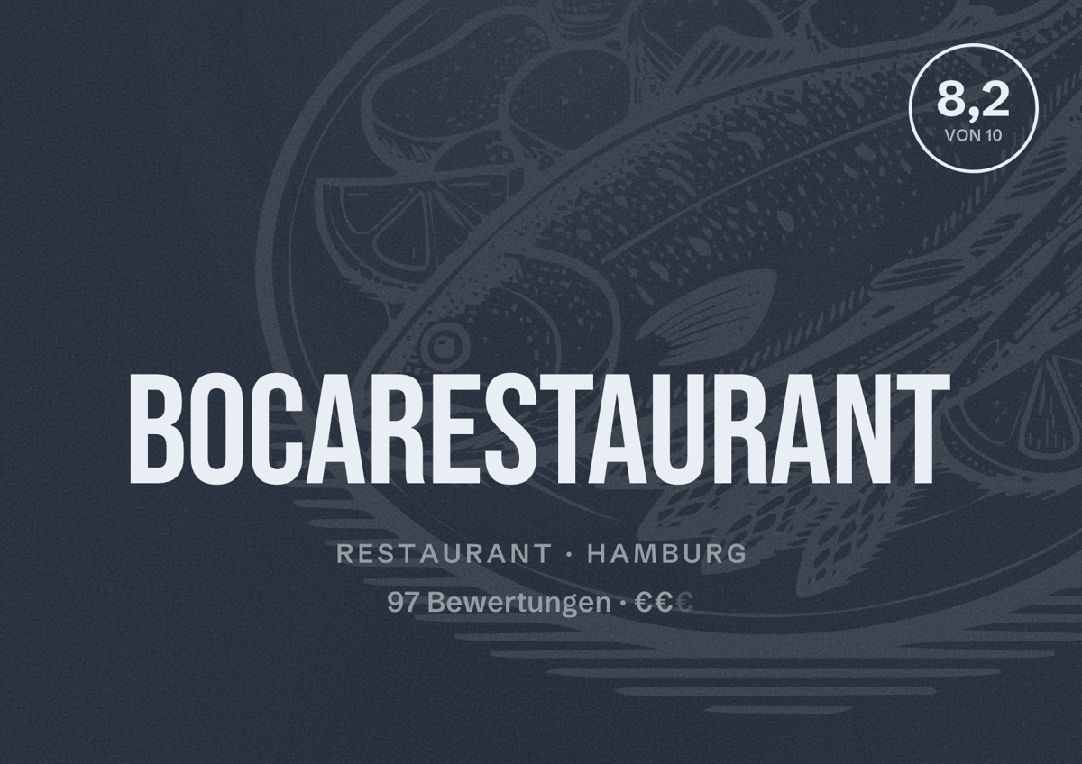 Illustriertes Poster von Bocarestaurant, Restaurant in Hamburg: Bewertung 8,2 von 10 aus 97 Bewertungen, Preisniveau €€