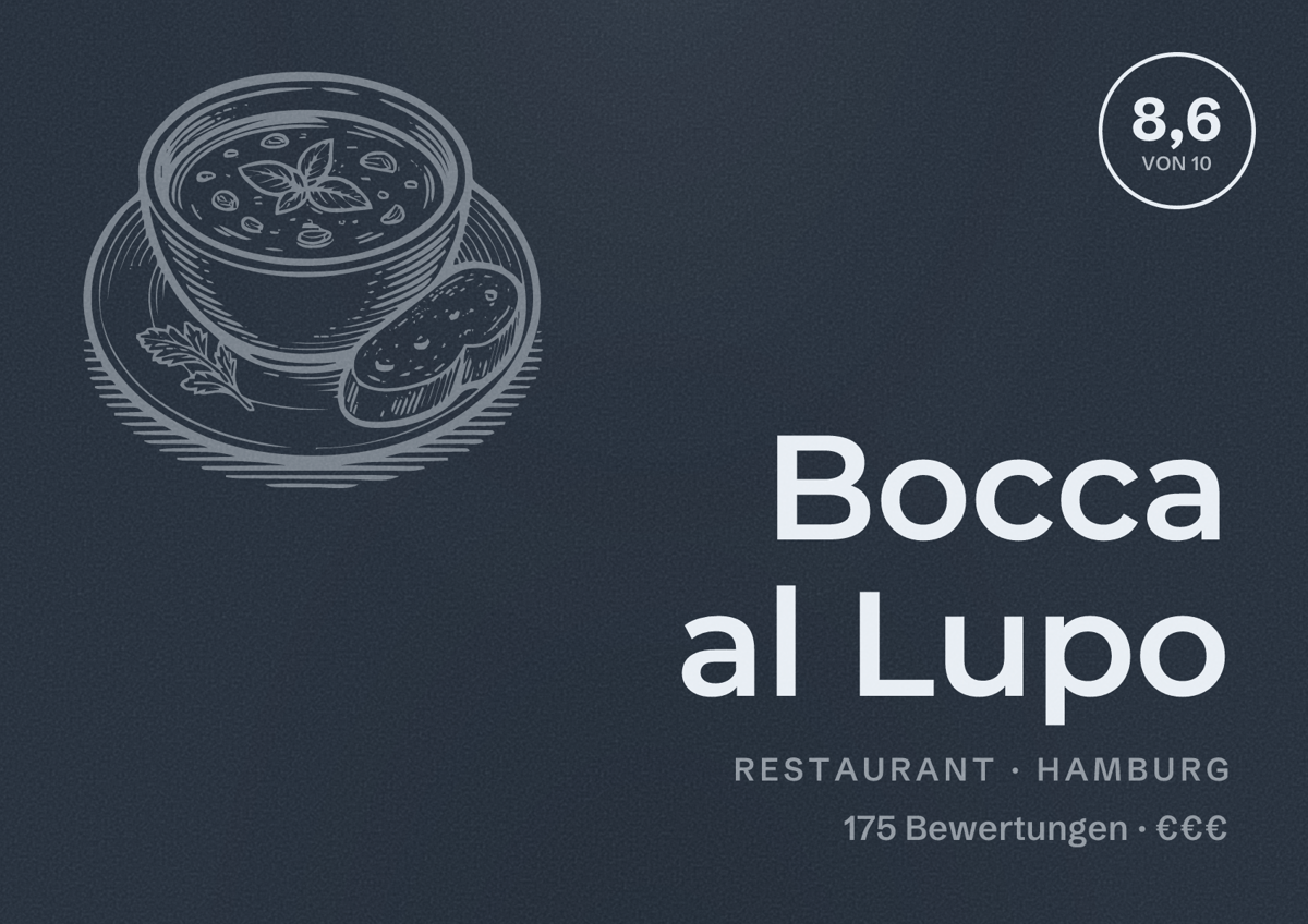 Illustriertes Poster von Bocca al Lupo, Restaurant in Hamburg: Bewertung 8,6 von 10 aus 175 Bewertungen, Preisniveau €€€