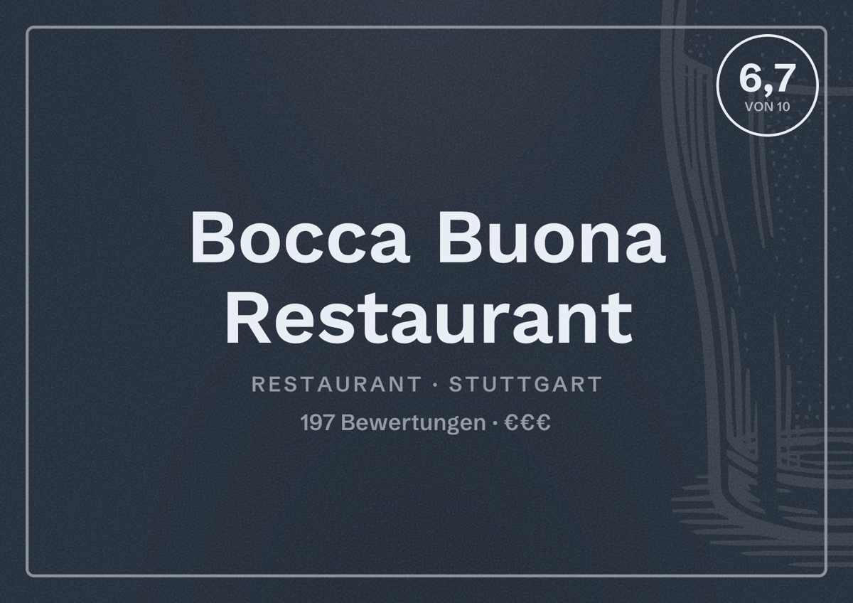 Illustriertes Poster von Bocca Buona Restaurant, Restaurant in Stuttgart: Bewertung 6,7 von 10 aus 197 Bewertungen, Preisniveau €€€