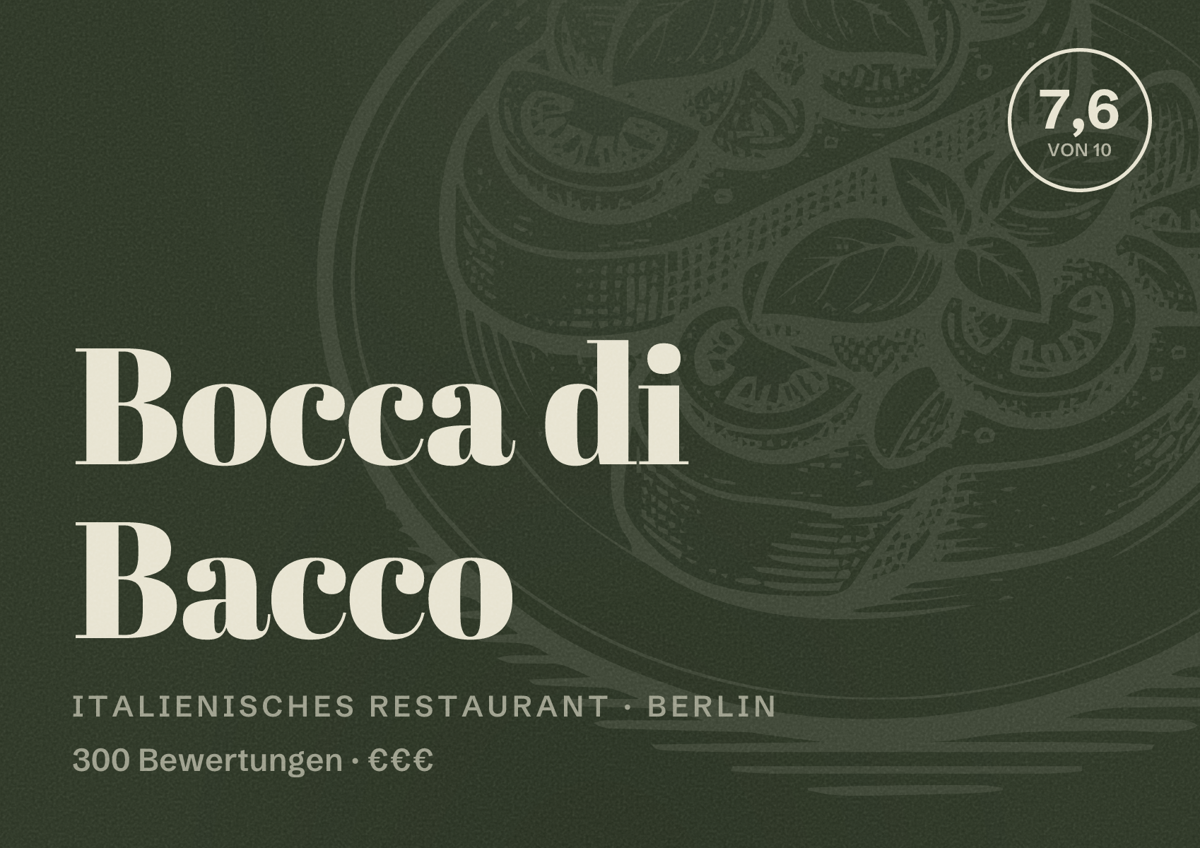 Illustriertes Poster von Bocca di Bacco, Italienisches Restaurant in Berlin: Bewertung 7,6 von 10 aus 300 Bewertungen, Preisniveau €€€