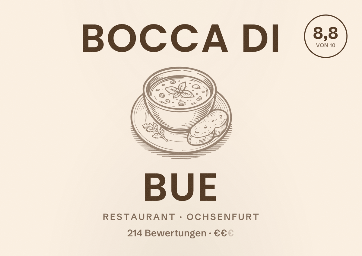 Illustriertes Poster von Bocca di Bue, Restaurant in Ochsenfurt: Bewertung 8,8 von 10 aus 214 Bewertungen, Preisniveau €€