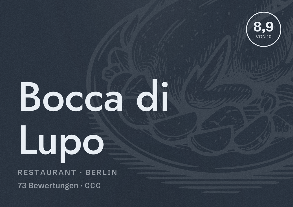 Illustriertes Poster von Bocca di Lupo, Restaurant in Berlin: Bewertung 8,9 von 10 aus 73 Bewertungen, Preisniveau €€€
