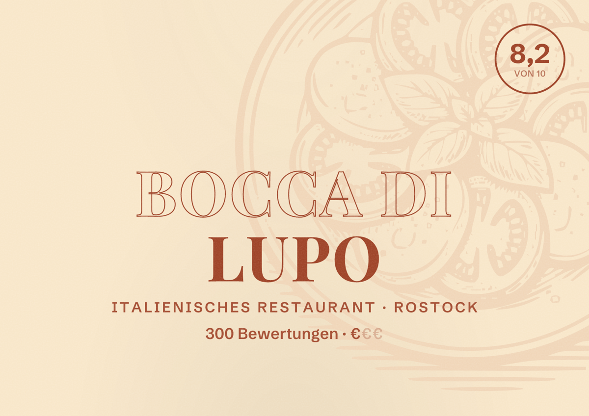 Illustriertes Poster von Bocca di Lupo, Italienisches Restaurant in Rostock: Bewertung 8,2 von 10 aus 300 Bewertungen, Preisniveau €
