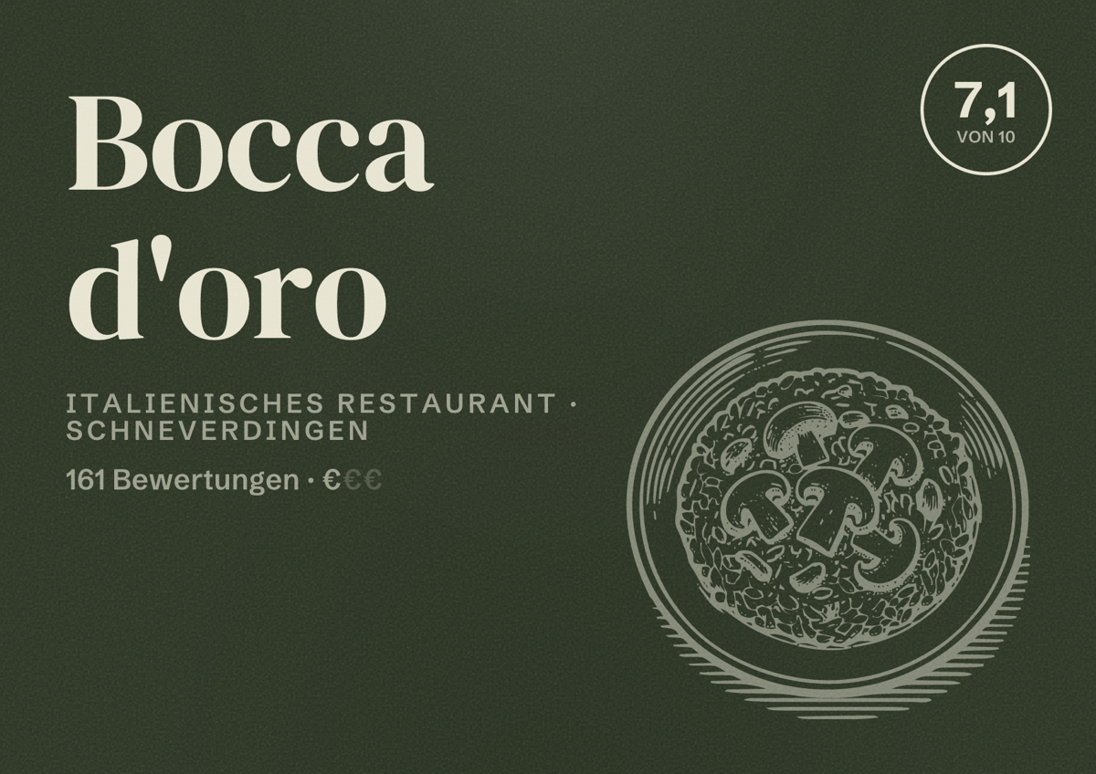 Illustriertes Poster von Bocca d'oro, Italienisches Restaurant in Schneverdingen: Bewertung 7,1 von 10 aus 161 Bewertungen, Preisniveau €