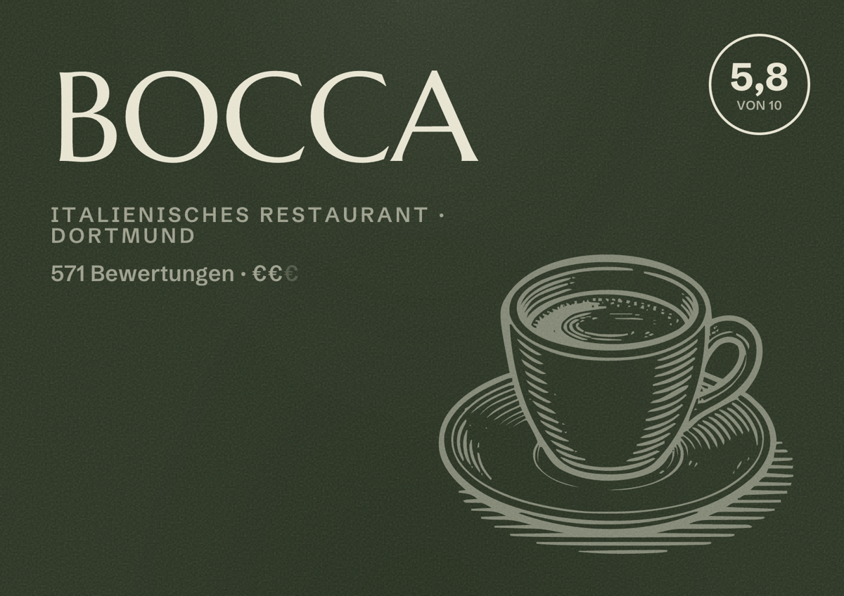 Illustriertes Poster von BOCCA, Italienisches Restaurant in Dortmund: Bewertung 5,8 von 10 aus 571 Bewertungen, Preisniveau €€