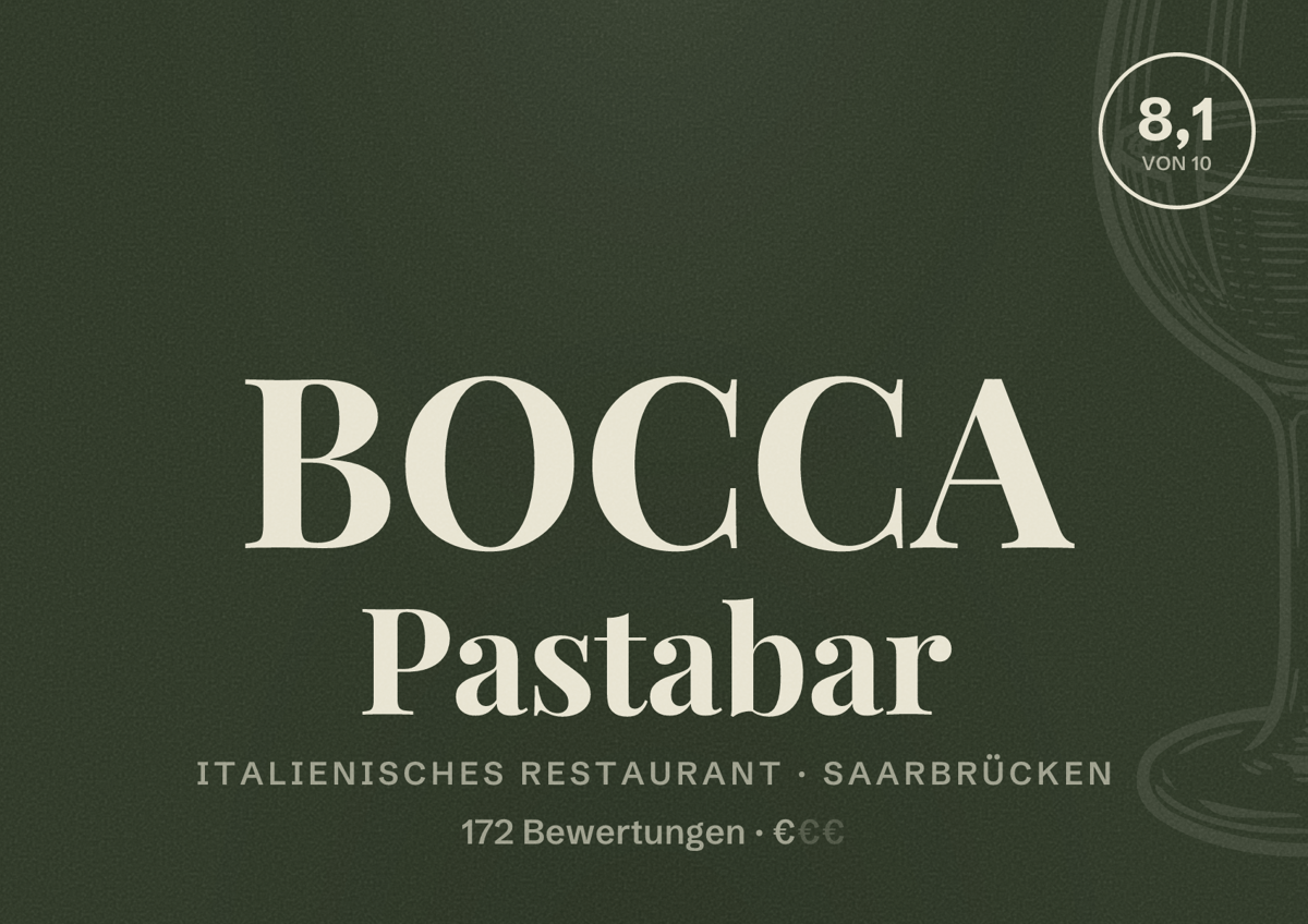 Illustriertes Poster von BOCCA Pastabar, Italienisches Restaurant in Saarbrücken: Bewertung 8,1 von 10 aus 172 Bewertungen, Preisniveau €