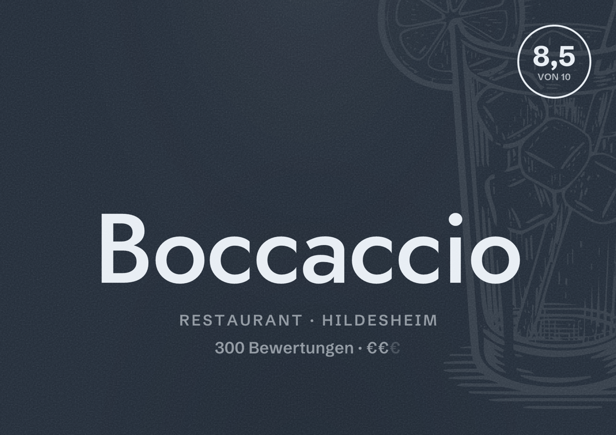 Illustriertes Poster von Boccaccio, Restaurant in Hildesheim: Bewertung 8,5 von 10 aus 300 Bewertungen, Preisniveau €€