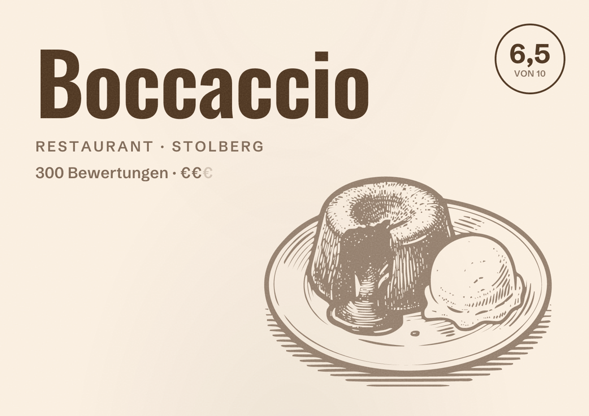 Illustriertes Poster von Boccaccio, Restaurant in Stolberg: Bewertung 6,5 von 10 aus 300 Bewertungen, Preisniveau €€