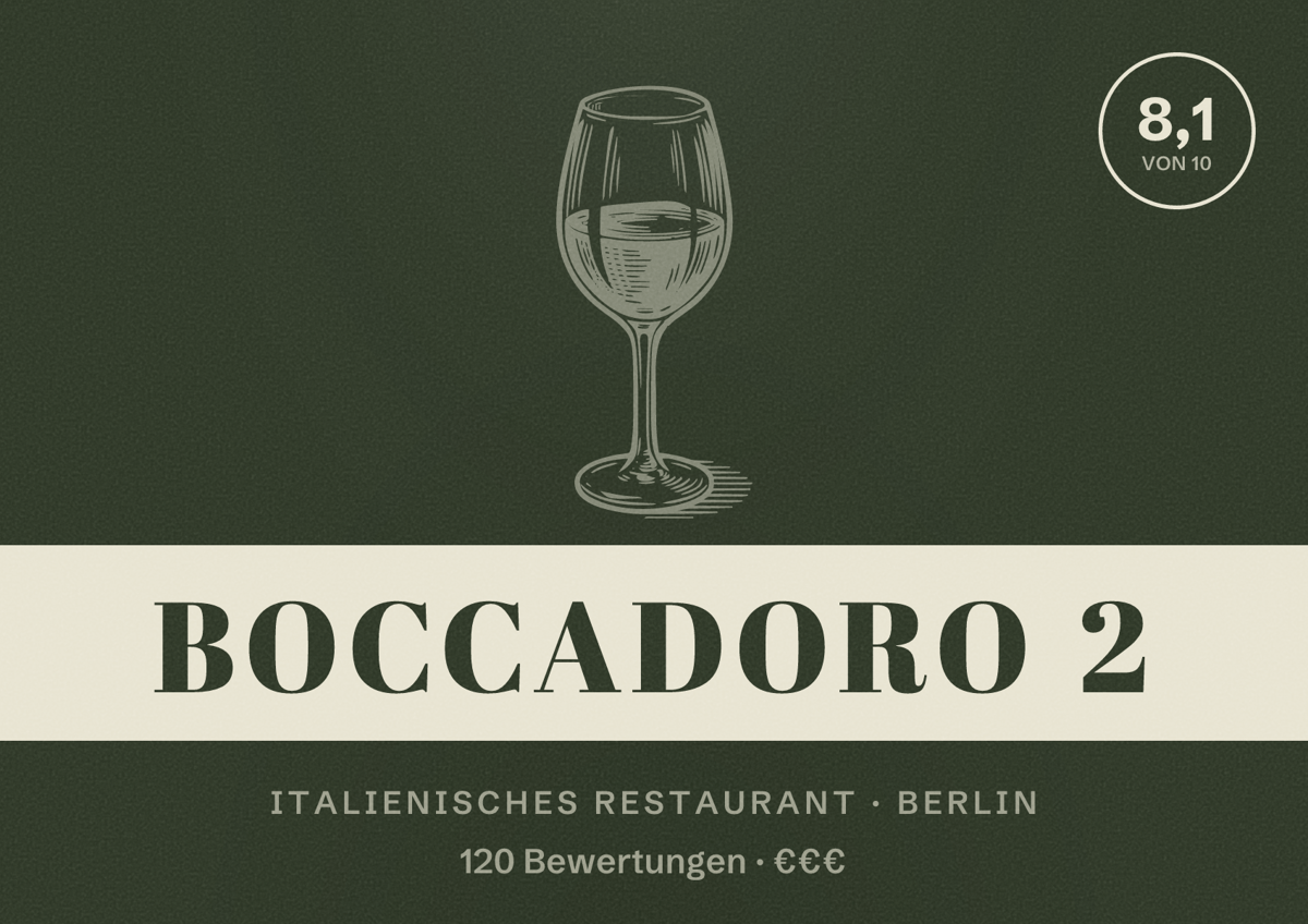 Illustriertes Poster von Boccadoro 2, Italienisches Restaurant in Berlin: Bewertung 8,1 von 10 aus 120 Bewertungen, Preisniveau €€€