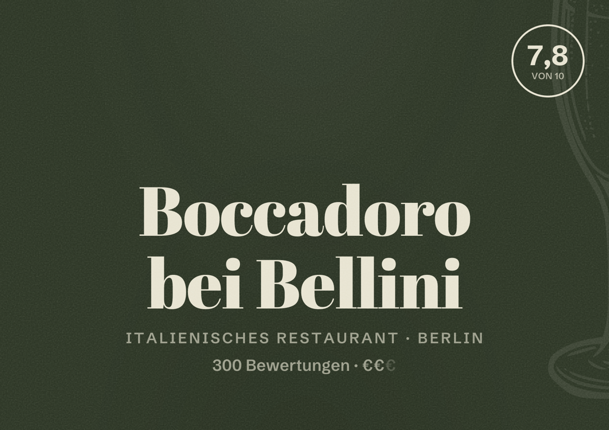 Illustriertes Poster von Boccadoro bei Bellini, Italienisches Restaurant in Berlin: Bewertung 7,8 von 10 aus 300 Bewertungen, Preisniveau €€