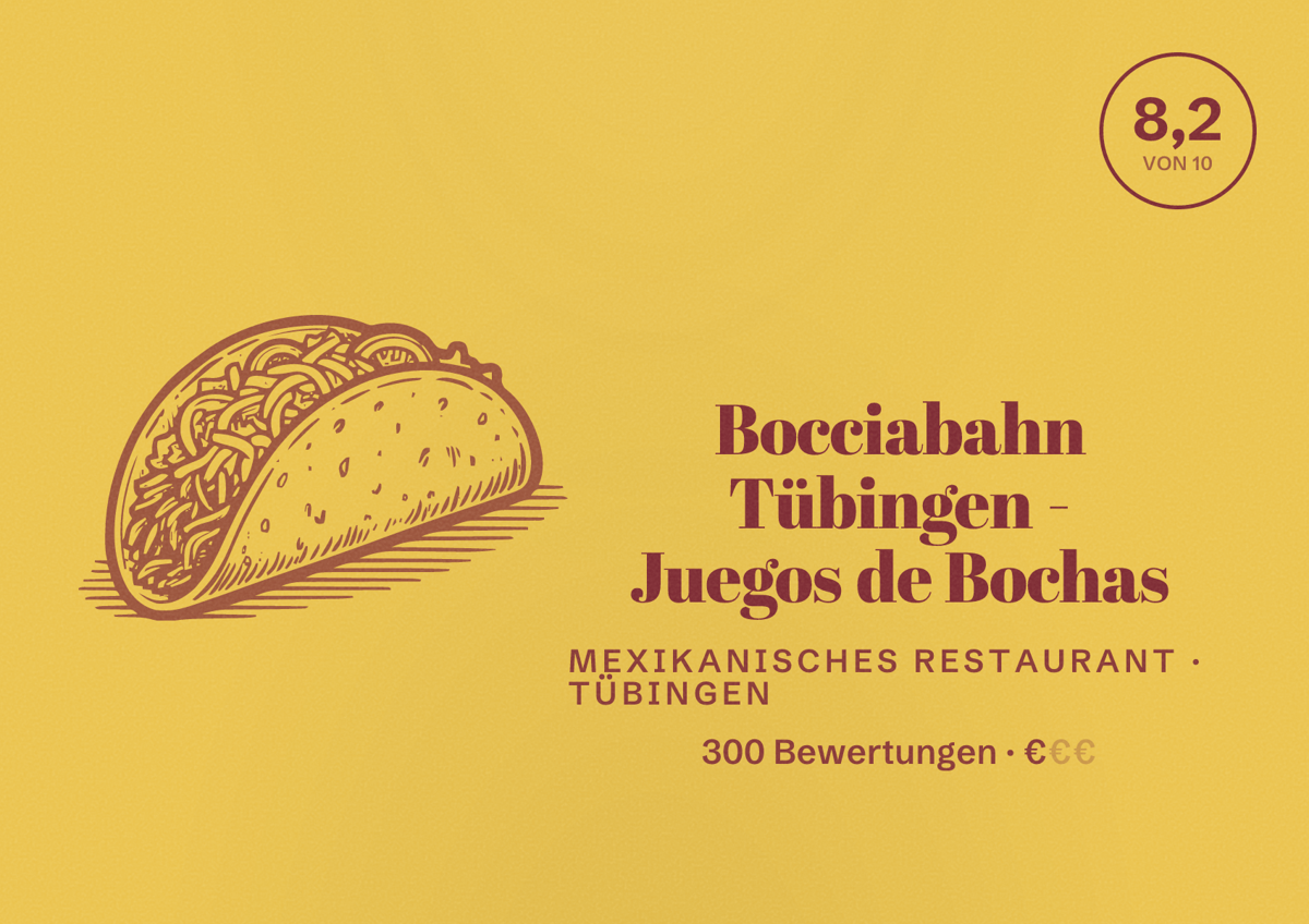 Illustriertes Poster von Bocciabahn Tübingen - Juegos de Bochas, Mexikanisches Restaurant in Tübingen: Bewertung 8,2 von 10 aus 300 Bewertungen, Preisniveau €