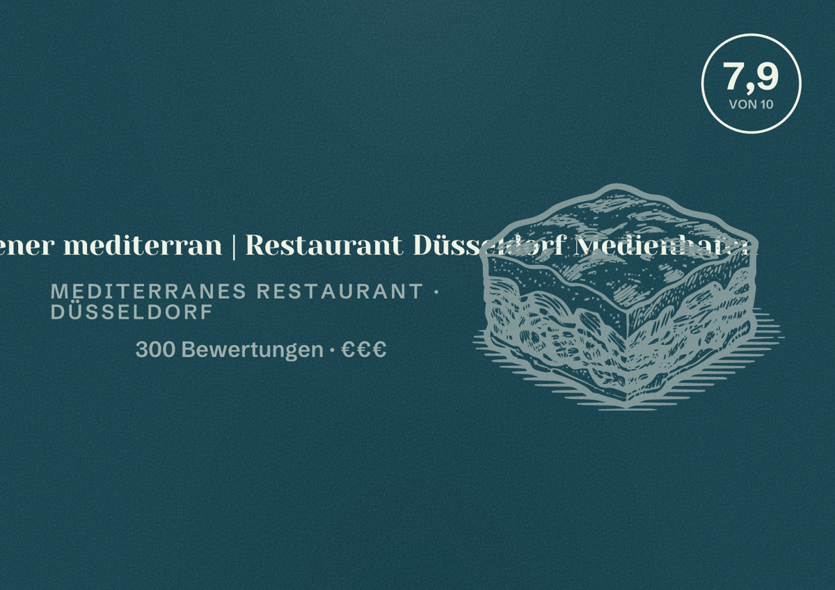 Illustriertes Poster von Bocconcino Italiener mediterran | Restaurant Düsseldorf Medienhafen, Mediterranes Restaurant in Düsseldorf: Bewertung 7,9 von 10 aus 300 Bewertungen, Preisniveau €€€