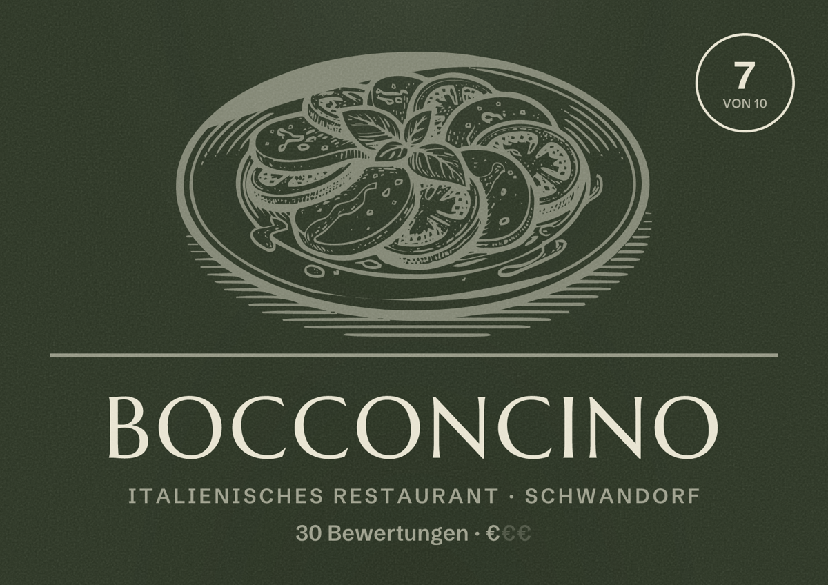 Illustriertes Poster von BOCCONCINO, Italienisches Restaurant in Schwandorf: Bewertung 7 von 10 aus 30 Bewertungen, Preisniveau €