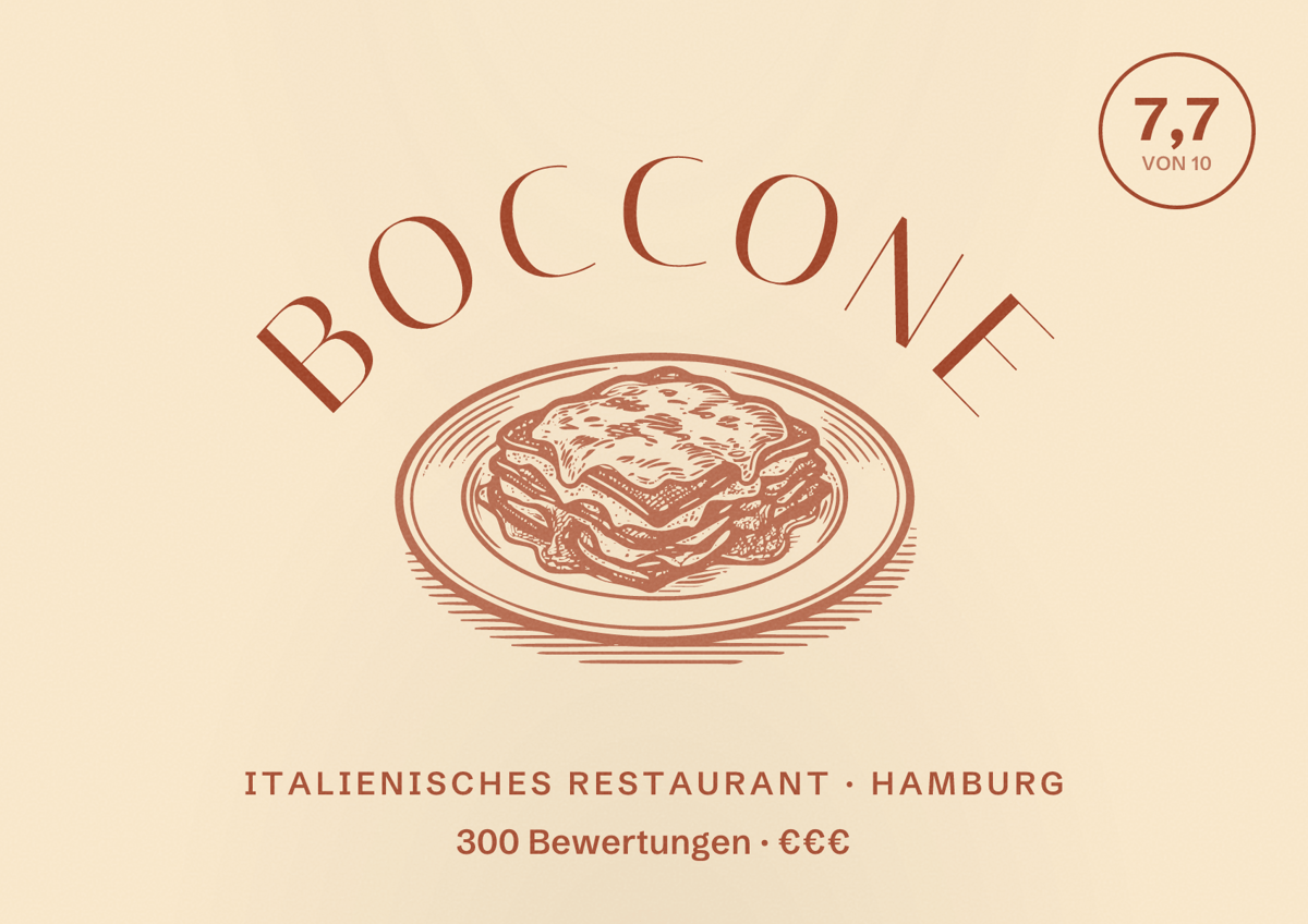 Illustriertes Poster von Boccone, Italienisches Restaurant in Hamburg: Bewertung 7,7 von 10 aus 300 Bewertungen, Preisniveau €€€