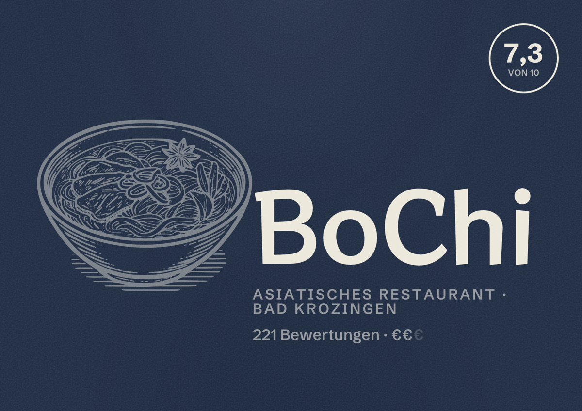 Illustriertes Poster von BoChi, Asiatisches Restaurant in Bad Krozingen: Bewertung 7,3 von 10 aus 221 Bewertungen, Preisniveau €€