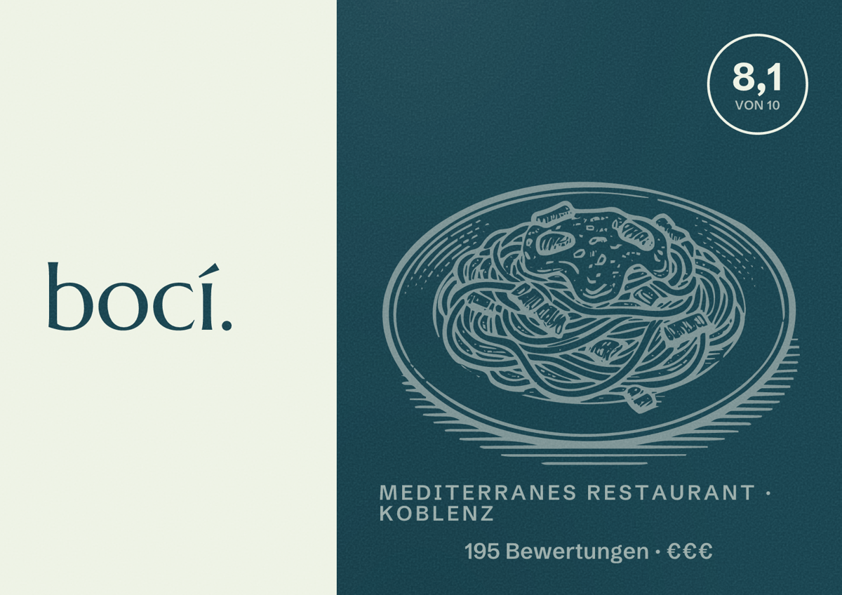 Illustriertes Poster von bocí., Mediterranes Restaurant in Koblenz: Bewertung 8,1 von 10 aus 195 Bewertungen, Preisniveau €€€