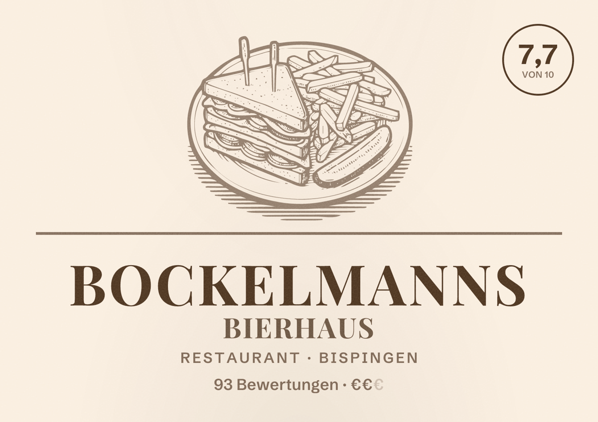 Illustriertes Poster von Bockelmanns BierHaus, Restaurant in Bispingen: Bewertung 7,7 von 10 aus 93 Bewertungen, Preisniveau €€