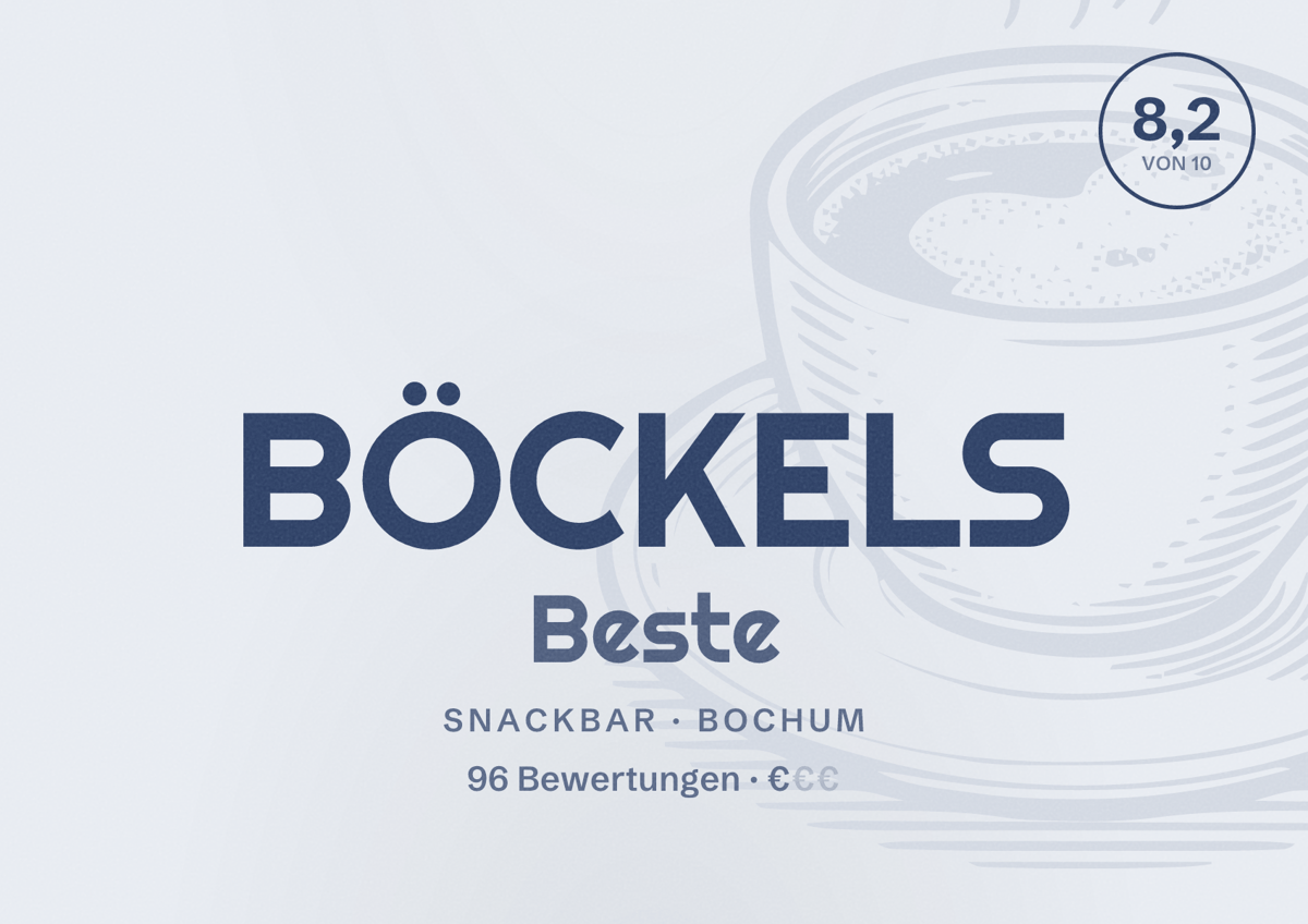 Illustriertes Poster von BÖCKELS Beste, Snackbar in Bochum: Bewertung 8,2 von 10 aus 96 Bewertungen, Preisniveau €