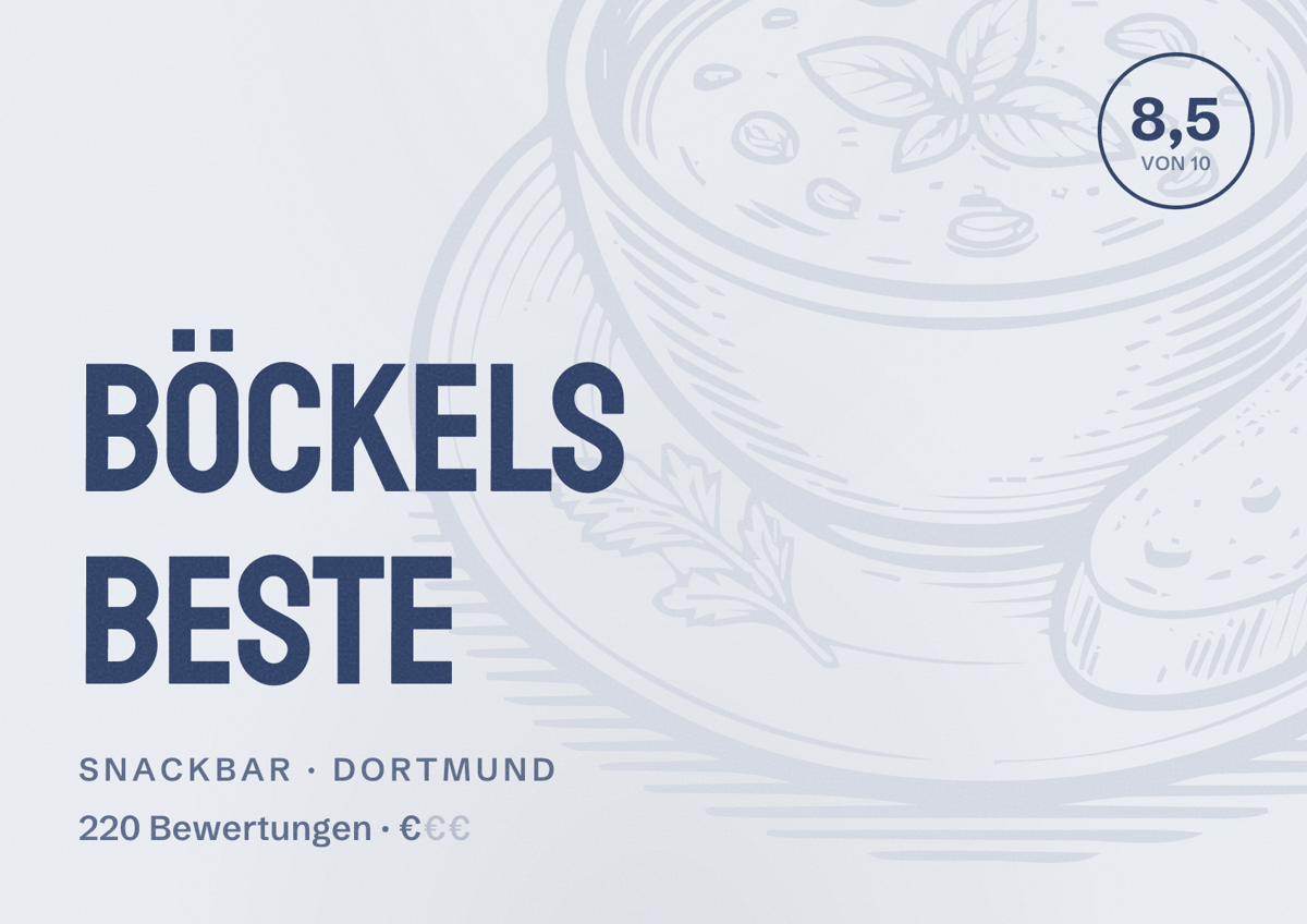 Illustriertes Poster von BÖCKELS Beste, Snackbar in Dortmund: Bewertung 8,5 von 10 aus 220 Bewertungen, Preisniveau €