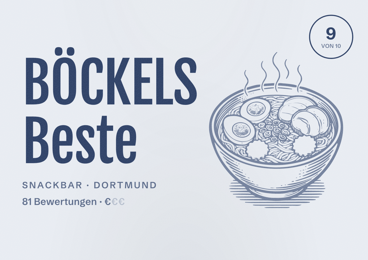 Illustriertes Poster von BÖCKELS Beste, Snackbar in Dortmund: Bewertung 9 von 10 aus 81 Bewertungen, Preisniveau €