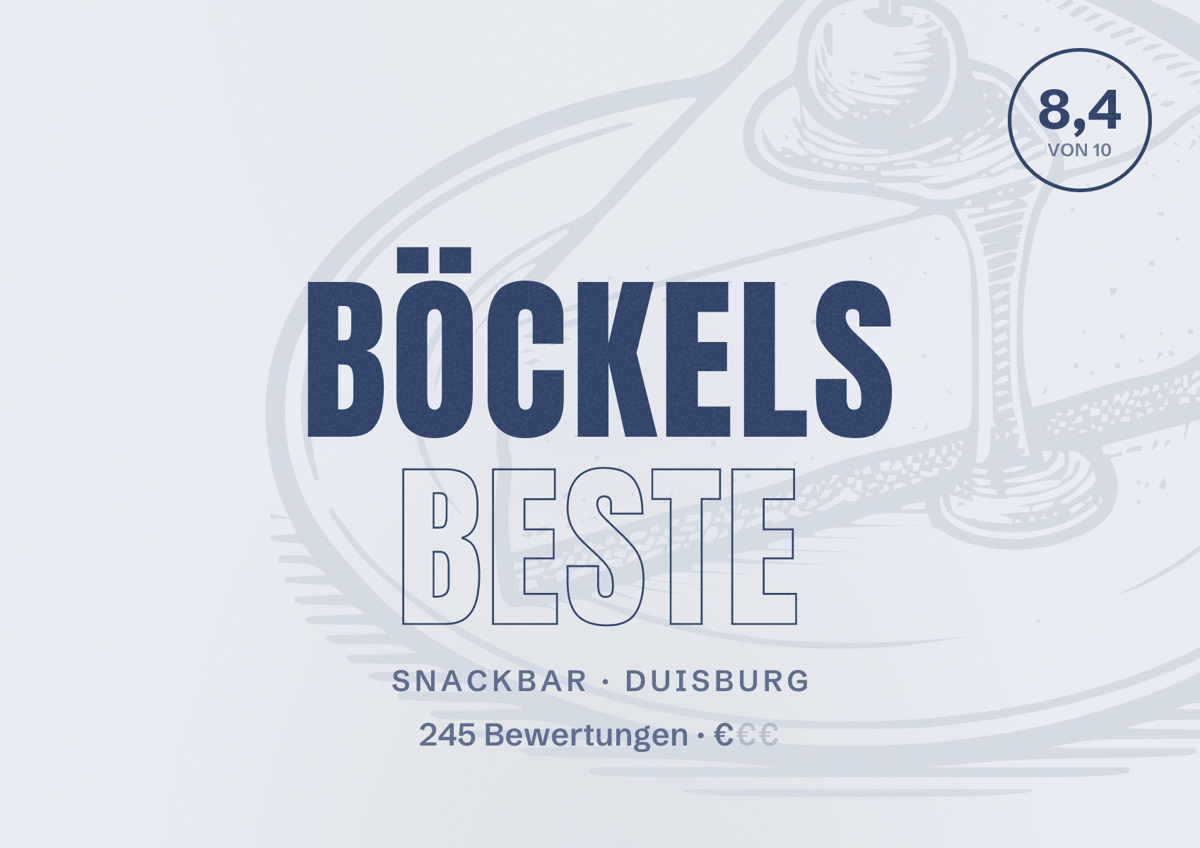 Illustriertes Poster von BÖCKELS Beste, Snackbar in Duisburg: Bewertung 8,4 von 10 aus 245 Bewertungen, Preisniveau €