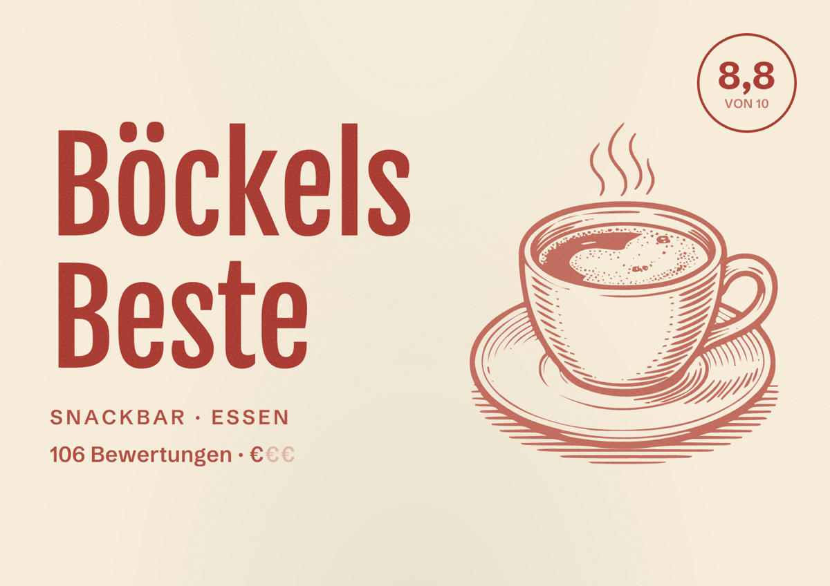 Illustriertes Poster von Böckels Beste, Snackbar in Essen: Bewertung 8,8 von 10 aus 106 Bewertungen, Preisniveau €