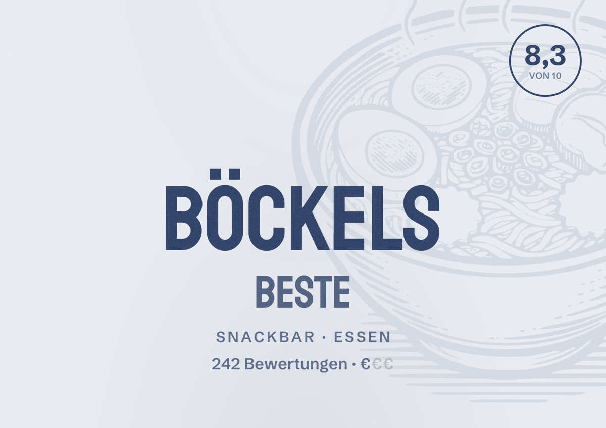 Illustriertes Poster von BÖCKELS Beste, Snackbar in Essen: Bewertung 8,3 von 10 aus 242 Bewertungen, Preisniveau €