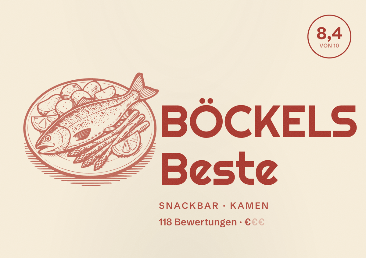Illustriertes Poster von BÖCKELS Beste, Snackbar in Kamen: Bewertung 8,4 von 10 aus 118 Bewertungen, Preisniveau €