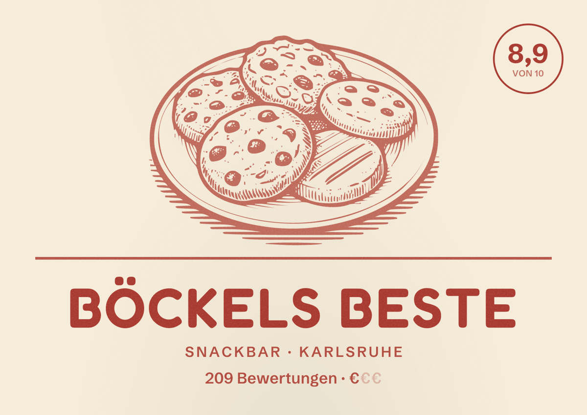 Illustriertes Poster von BÖCKELS Beste, Snackbar in Karlsruhe: Bewertung 8,9 von 10 aus 209 Bewertungen, Preisniveau €