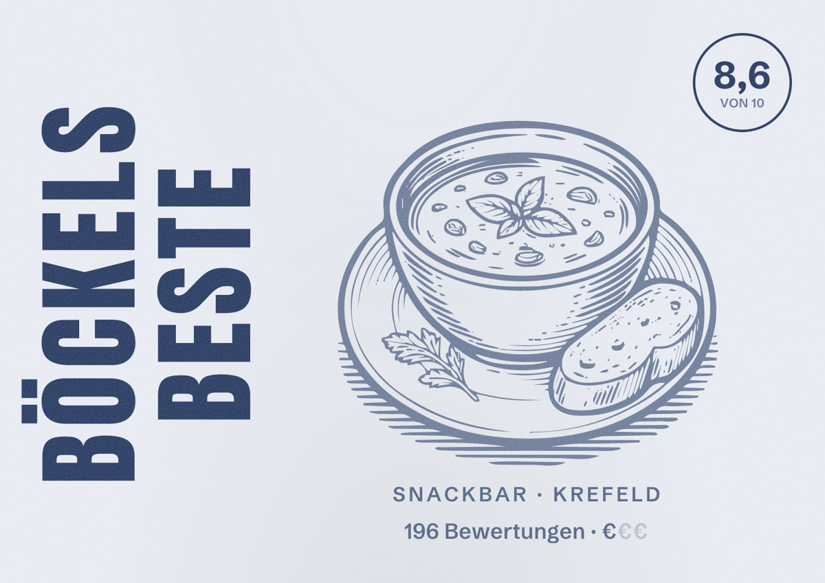 Illustriertes Poster von BÖCKELS Beste, Snackbar in Krefeld: Bewertung 8,6 von 10 aus 196 Bewertungen, Preisniveau €