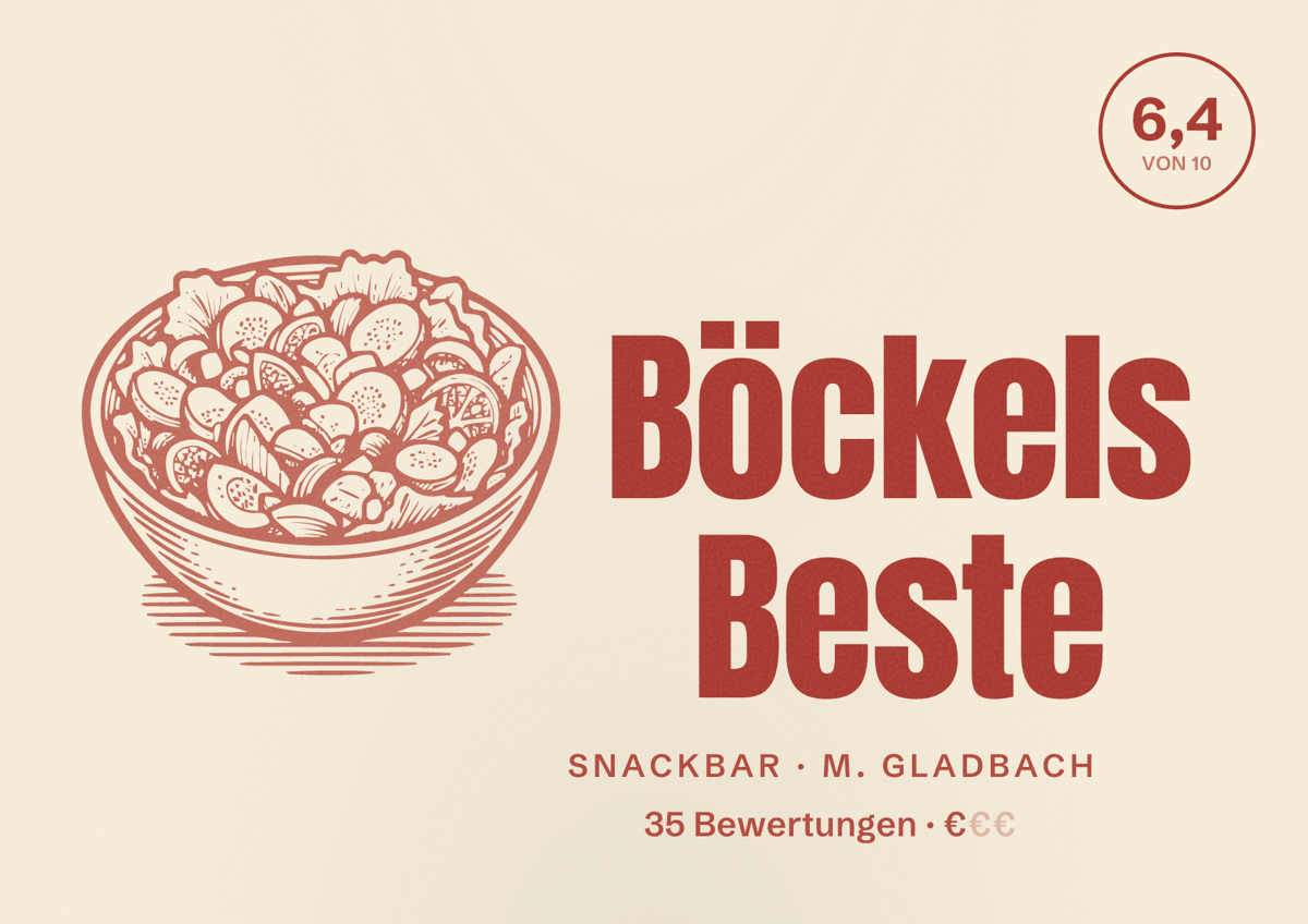 Illustriertes Poster von Böckels Beste, Snackbar in M. Gladbach: Bewertung 6,4 von 10 aus 35 Bewertungen, Preisniveau €
